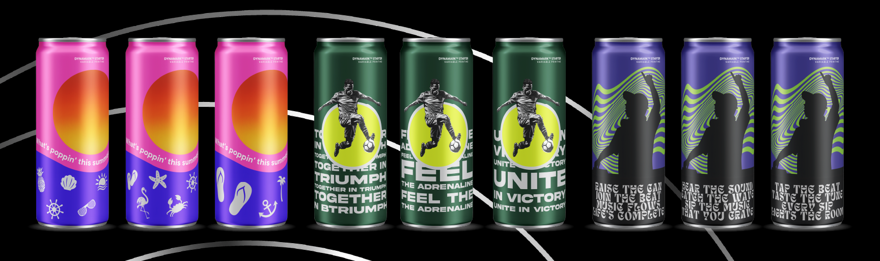 An image of clean, single-color cans with line graphics or simple messages