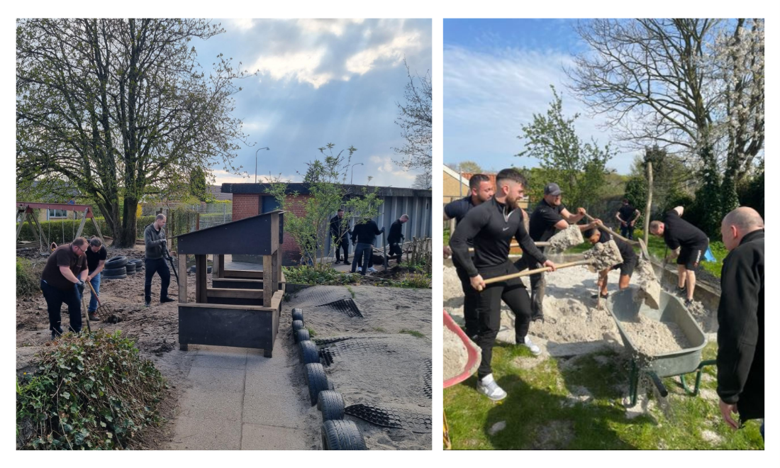 Employees dig holes in gardens at a kindergarten in Denmark